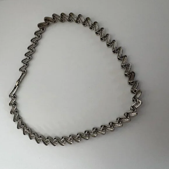 Silver Tone Rhinestone Accent Slant Bar Link Necklace Elegant Classic 17 in - Picture 6 of 8